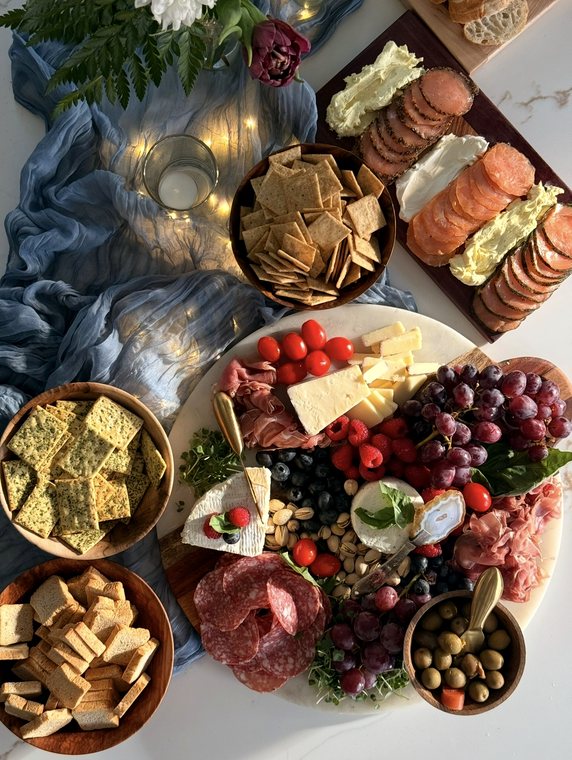 A grazing table with a marble board of prosciutto, salami, brie, goat cheese, berries, grapes, pistachios and olives, with smoked salmon, crackers and toasts around it