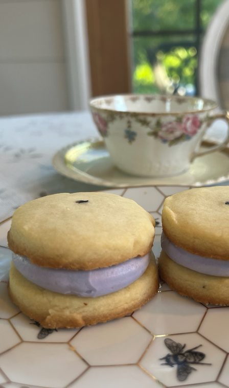 Lavender shortbread sandwiched with lavender crème, beside a vintage rose teacup
